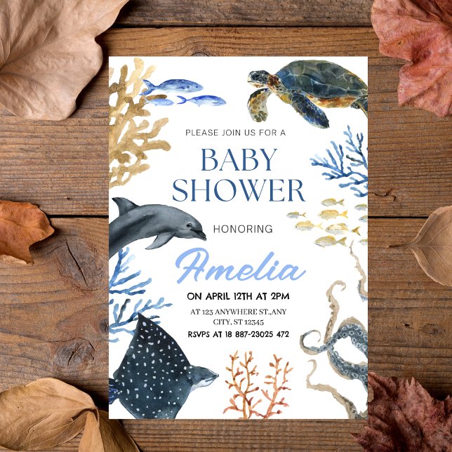 Convites "Sob o mar" Aquarela Oceano Chá de fraldas de vida ("Under the Sea" Watercolor Ocean Life Baby Shower Invitation)