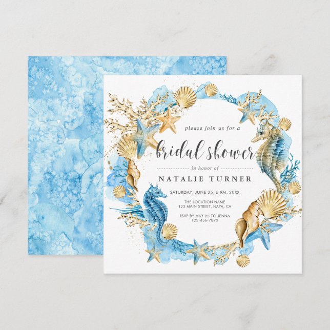 Convites Sob o mar Chá de panela azul e Dourado (Frente/Verso)