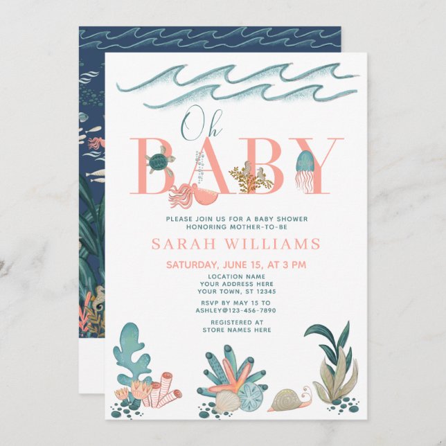 Convites Sob o mar Código QR Aquarela Chá de fraldas Oh (Frente/Verso)