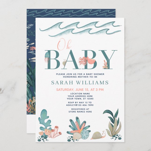 Convites Sob o mar Código QR Aquarela Chá de fraldas Oh (Frente/Verso)