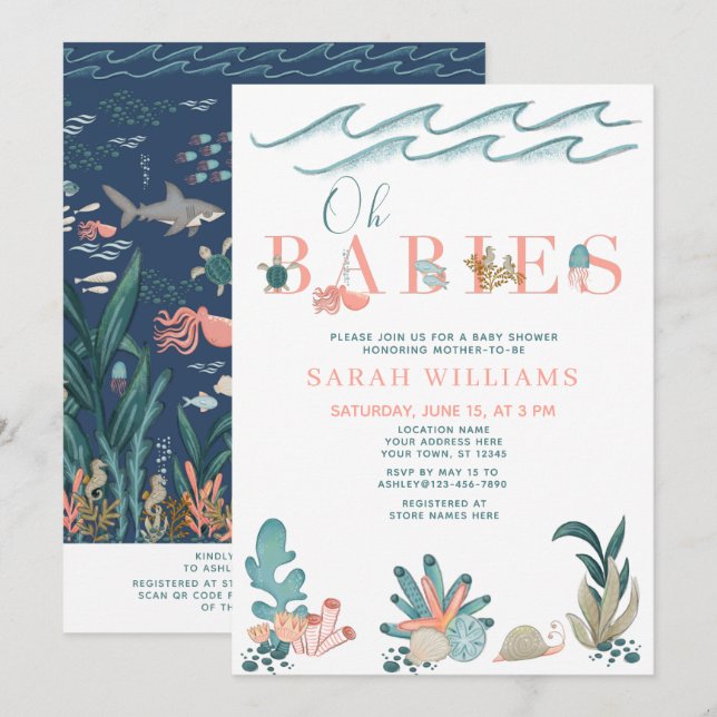 Convites Sob o Mar Código QR Multiplique Oh Babies Chá (Frente/Verso)