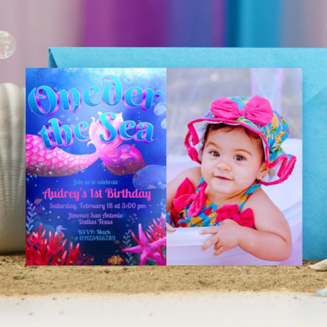 Convites Sob o Mar com Paisagem Fotográfica (Oneder the Sea - Girl Mermaid 1st Birthday Landscape Invitation with Picture)