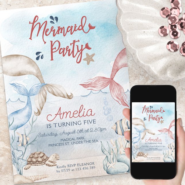 Convites Sob o Mar de Mermaid Party Watercolor Birthday (Criador carregado)