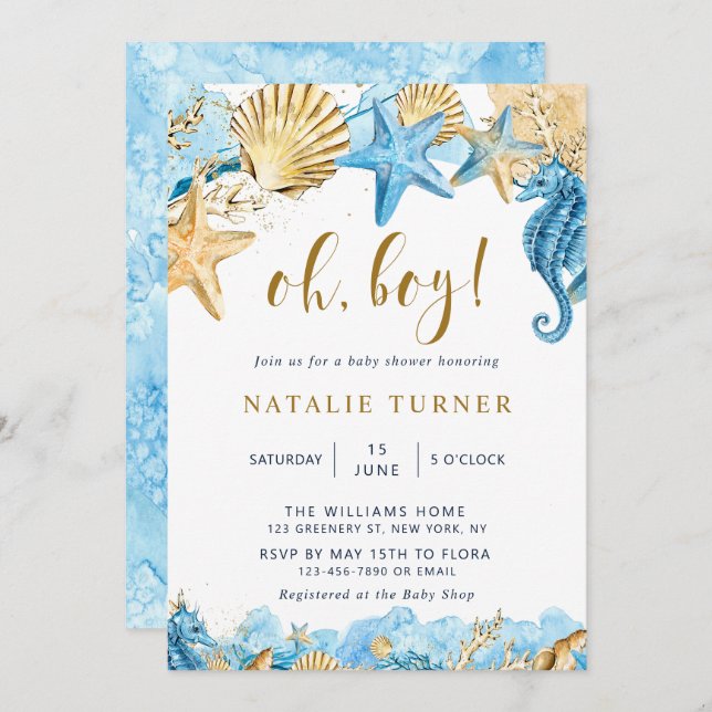 Convites Sob o mar | DOURADO CHÁ DE FRALDAS (Frente/Verso)