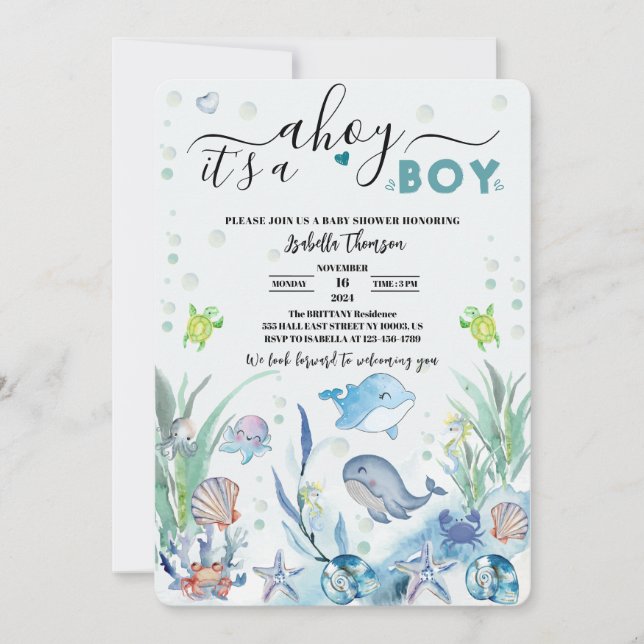 Convites sob o mar é um chá de fraldas-menino (Frente)