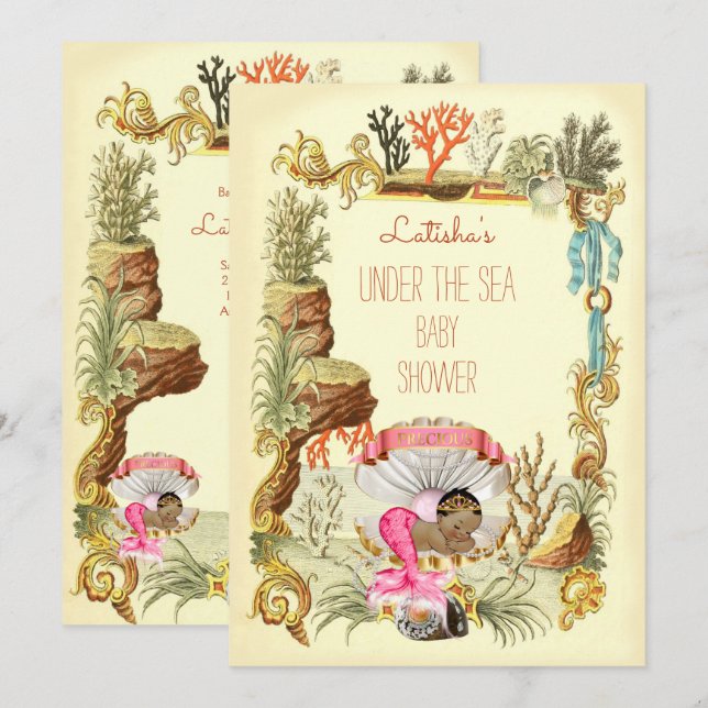 Convites Sob o Mar Étnica Sereia Chá de fraldas Princesa (Frente/Verso)