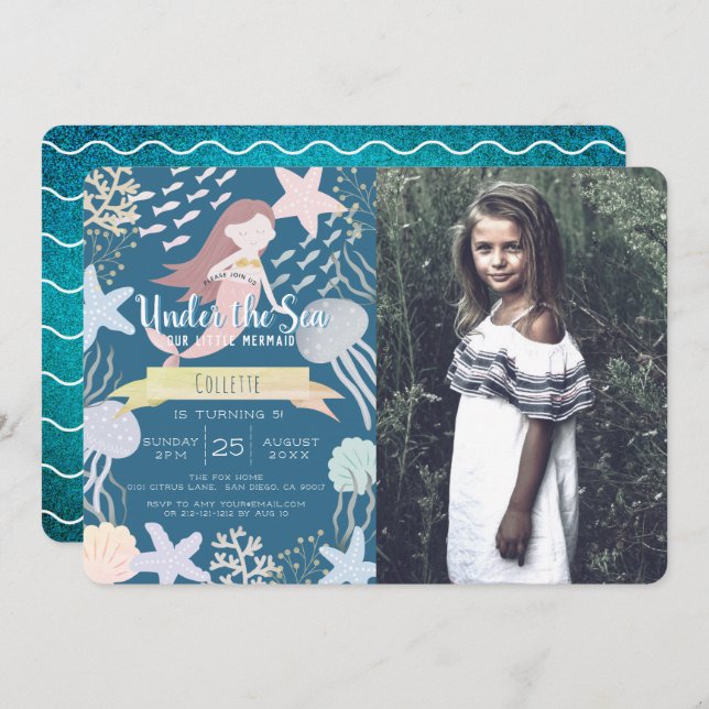 Convites Sob o mar Foto do Marinho de Sereia Aniversário (Frente/Verso)