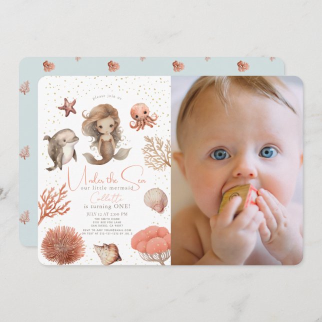 Convites Sob o mar Foto do primeiro aniversario do Mar de S (Frente/Verso)