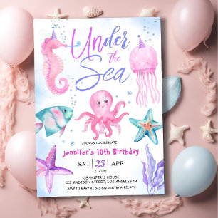 Convites Sob o Mar! Menina de 10 anos de idade Rosa Oceano