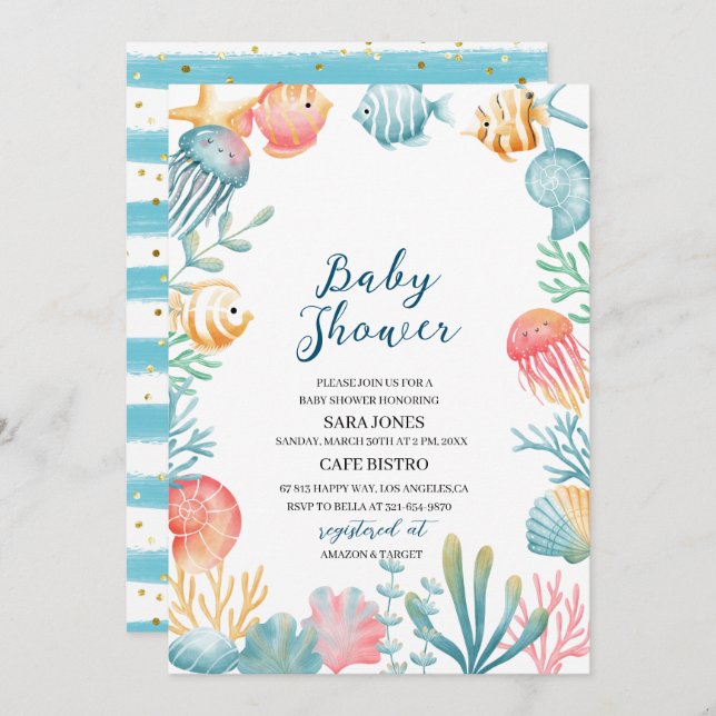 Convites Sob o Mar Oceano Chá de fraldas de Aquarela Invi (Frente/Verso)