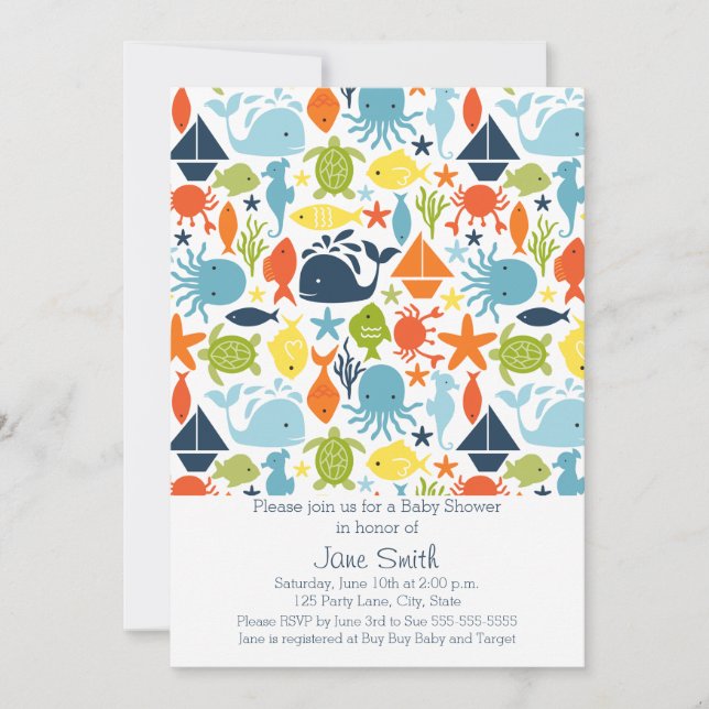 Convites Sob o Mar, Oceano Criaturas Chá de fraldas (Frente)