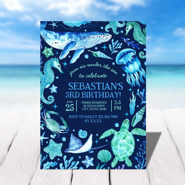 Convites Sob o Mar Oceano Marinho Animal Azul Escuro Aniver (Under The Sea Ocean Sea Animal Dark Blue Birthday Invitation)