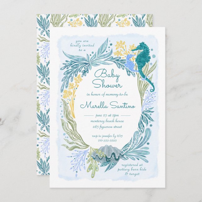 Convites Sob o Mar Ondas do Oceano Ondas O Bebê-Cavalo (Frente/Verso)