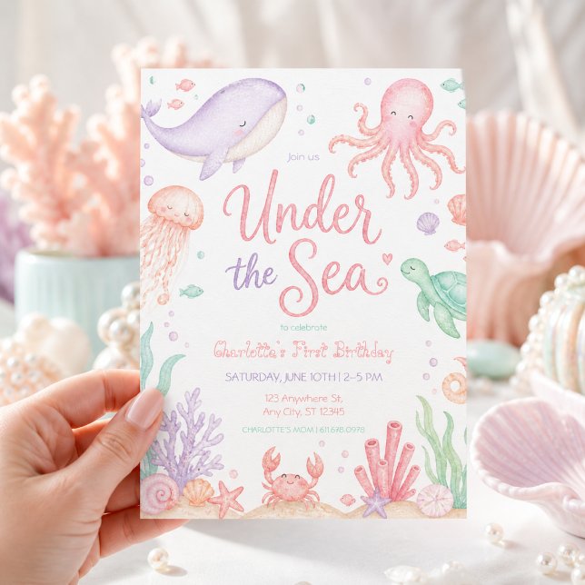Convites Sob o Mar Pastel Ocean Menina de Aniversário (Criador carregado)