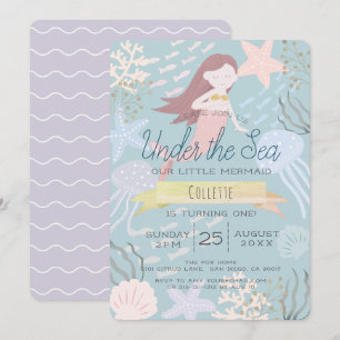 Convites Sob o mar, primeiro aniversario de Mermaid Purple