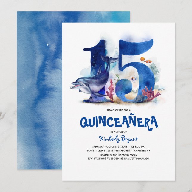 Convites Sob o Mar Quinceañera - Aniversário de 15 (Frente/Verso)