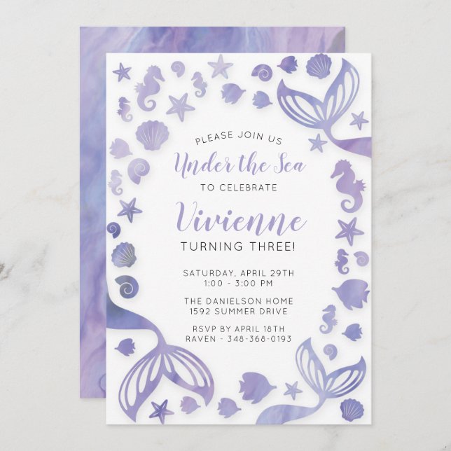 Convites Sob o mar Sereia Aniversário (Frente/Verso)
