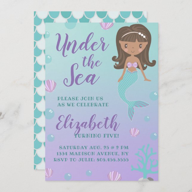Convites "Sob o Mar" Sereia Aniversário (Frente/Verso)