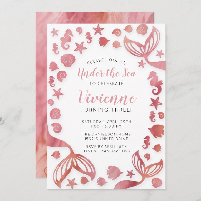 Convites Sob o mar Sereia Aniversário (Frente/Verso)