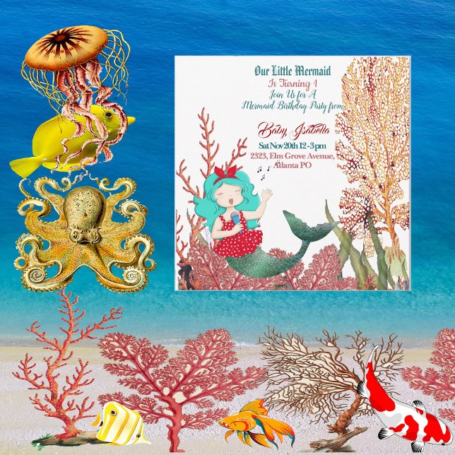 Convites Sob o Mar Sereia Cantando Coral Recife Aniversário (Under The Sea Mermaid Singing Coral Reef Birthday Invitation)