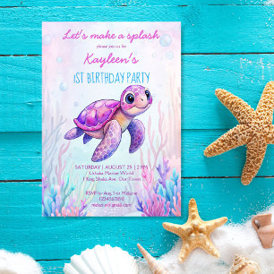 Convites Sob o mar tartaruga rosa roxo aniversário