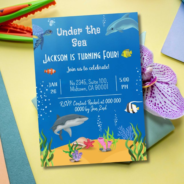 Convites Sob o mar, tubarão-tartaruga, peixes do 4º anivers (Criador carregado)