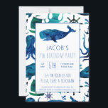 Convites Sob o Mar Watercolor Kids Whale Birthday<br><div class="desc">Sob O Padrão De Baleia Oceânica Por Aquarela Marítima Personalizou Convites De Aniversário. Padrão oceânico náutico. Baleia,  polvo,  barco,  âncoras e rodas de navio em blues num fundo branco. Coordenar com outros suprimentos de partes náuticas. Editar para adicionar detalhes da parte. www.SamAnnDesigns.com</div>