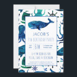 Convites Sob o Mar Watercolor Kids Whale Birthday<br><div class="desc">Sob O Padrão De Baleia Oceânica Por Aquarela Marítima Personalizou Convites De Aniversário. Padrão oceânico náutico. Baleia,  polvo,  barco,  âncoras e rodas de navio em blues num fundo branco. Coordenar com outros suprimentos de partes náuticas. Editar para adicionar detalhes da parte. www.SamAnnDesigns.com</div>
