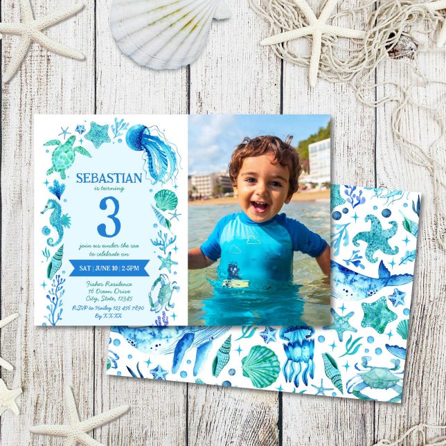 Convites Sob O Mar Watercolor Sea Life Birthday Foto (Under The Sea Watercolor Sea Life Blue Photo Invitation)