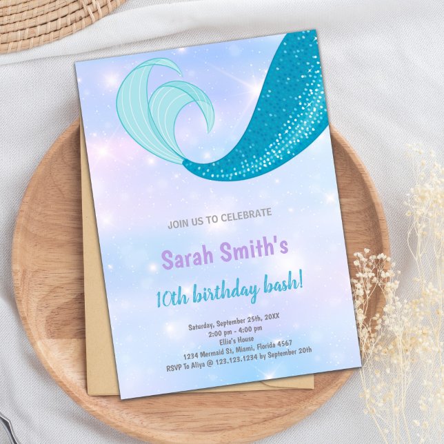 Convites Sob o partido Sea Party for Adolescente Girls (10th Mermaid birthday invitations)