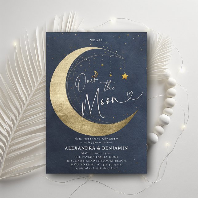 Convites Sobre a Lua Dourada, Chá de Bebê com Cobra d'água (over the moon baby shower invitation moon stars watercolor cute coed elegant neutral blue)