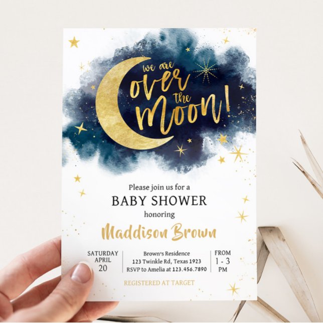 Convites Sobre a Lua Dourada Estrelas Chá de fraldas Azul (Blue Twinkle Little Star Baby Shower Invitation)