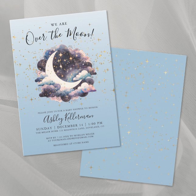 Convites Sobre a Lua Dourada Estrelas Chá de fraldas Azul (Over the Moon Gold Stars Blue Baby Shower Invitation )