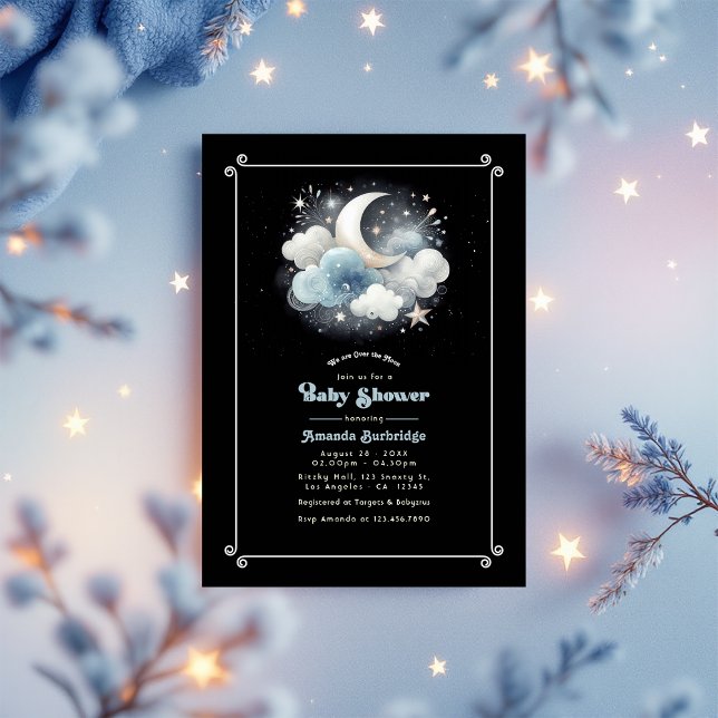 Convites Sobre o Chá de fraldas Celestial da Lua (Over the Moon Celestial Baby Shower Invitation)