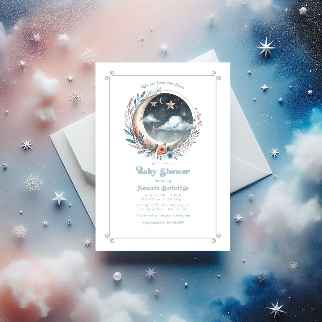 Convites Sobre o Chá de fraldas Celestial da Lua (Over the Moon Celestial Baby Shower Invitation)