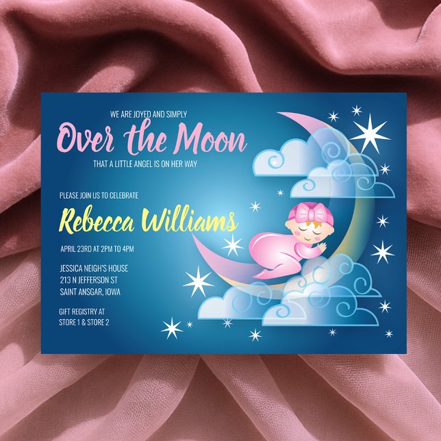 Convites Sobre O Chá de fraldas Com Base Na Lua - Pele Mais (Over The Moon Cradled Baby Shower - Lighter Skin Invitation)