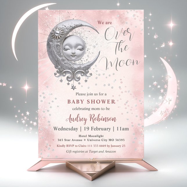 Convites Sobre O Chá de fraldas Da Moon Pink Girl (Over The Moon Pink Girl Baby Shower Invitation)