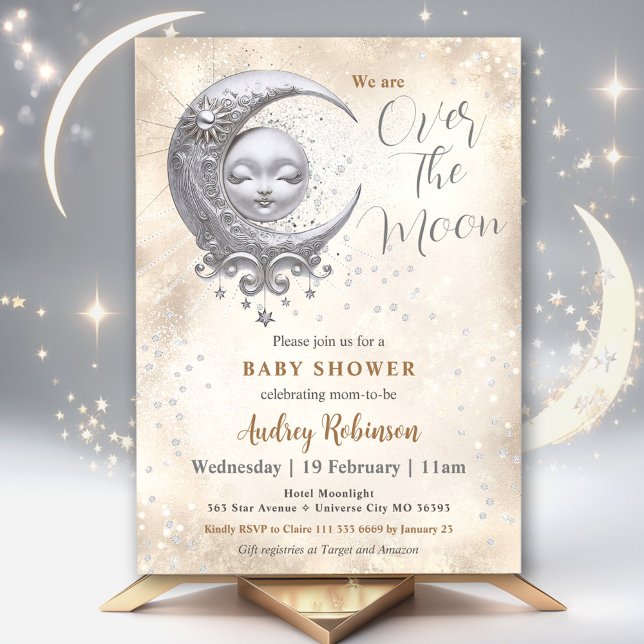 Convites Sobre O Chá de fraldas Neutro De Gênero Da Lua (Over The Moon Gender Neutral Baby Shower Invitation)