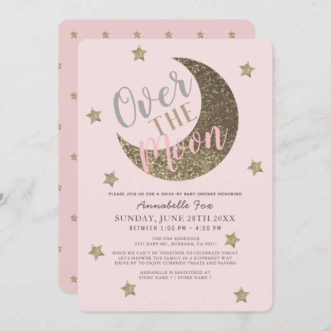Convites Sobre o Chá de fraldas Pink da lua pink (Frente/Verso)