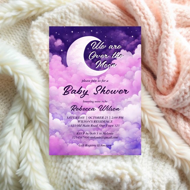 Convites Sobre o chá de fraldas rosa púrpura da lua (Over the moon purple pink girl baby shower invitation template galaxy stars moon baby shower invite)