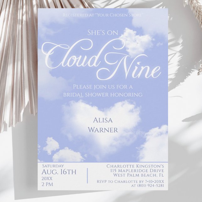 Convites Sobre o Chá de panela das Nuvens de Coração Sonhad (She's On Cloud 9 Elegant Script Bridal Shower Invitation)