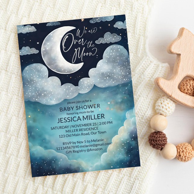 Convites Sobre o modelo chá de fraldas da galáxia lua (We are Over the moon galaxy baby shower editable template invitation digital download watercolor)