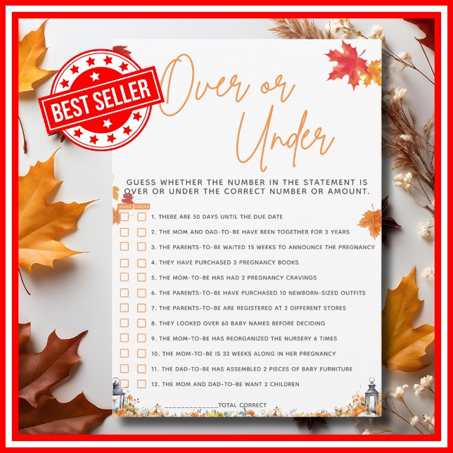 Convites Sobre ou debaixo do jogo do Chá de fraldas (OVER OR UNDER Baby Shower Game with Answers A Little Pumpkin is on the Way Theme )