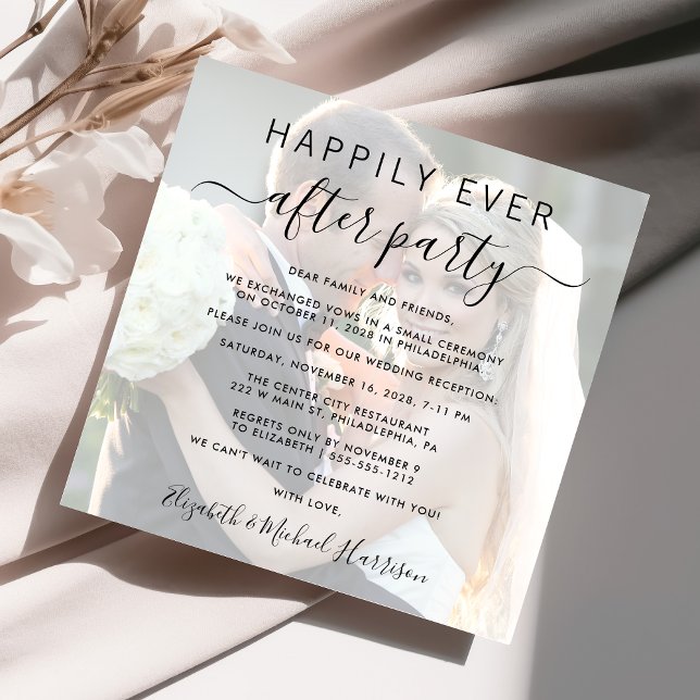 Convites Sobreposição de Foto Casamento Feliz para Sempre R (An chic photo overlay Happily Ever After Party invitation for your wedding celebration)
