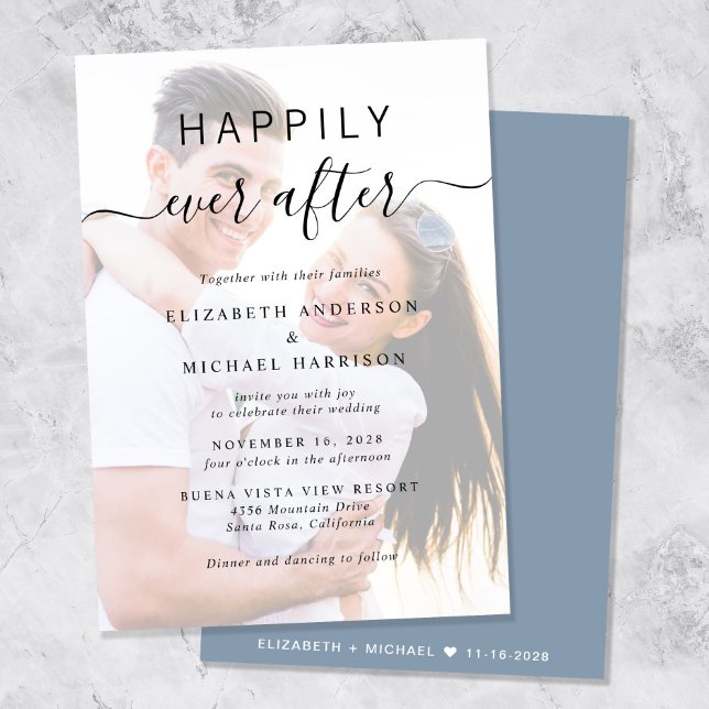 Convites Sobreposição de Foto Chic Script Casamento Azul Em (A chic Happily Ever After Photo Wedding Invitation)