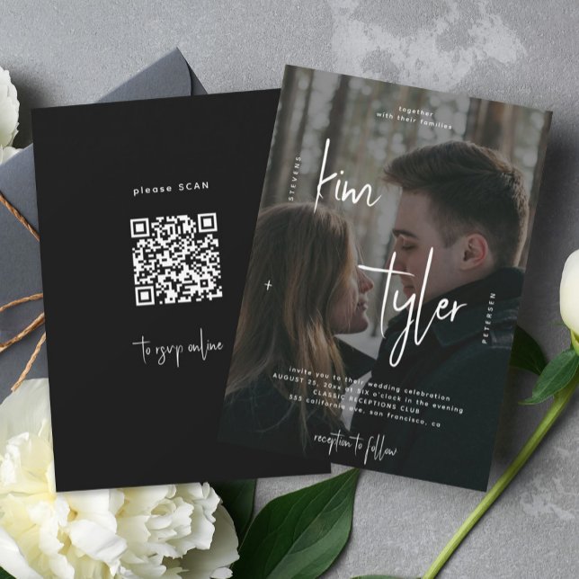 Convites Sobreposição de foto código QR RSVP nomes roteiro  (Criador carregado)