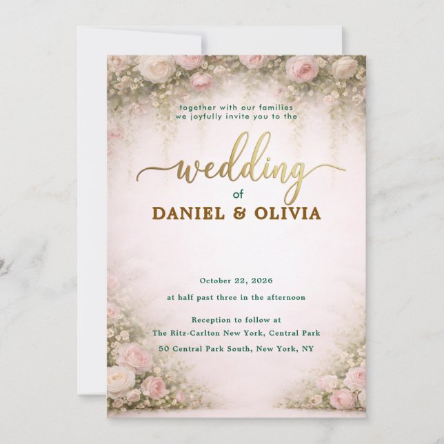 Convites Sobreposição de Foto com Script Dourado e Floral A (Frente)