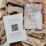 Convites Sobreposição de Foto Elegante e Casamento de Códig<br><div class="desc">Esses convites de casamento elegantes e minimalistas apresentam sua própria foto como o fundo, com uma camada branca (para um efeito falso vellum) no topo. A tipografia moderna do script e o texto preto clássico adicionam um toque de na moda. A parte traseira do convite contém um código de QR...</div>