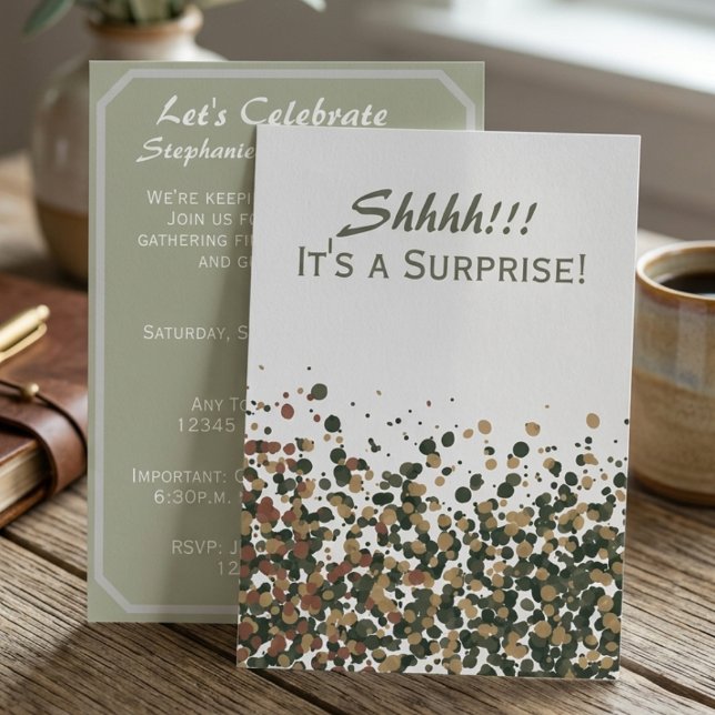 Convites Sofisticada Surpresa de Celebração em Aquarela de  (Sage watercolor confetti invitation for a milestone surprise birthday party.)