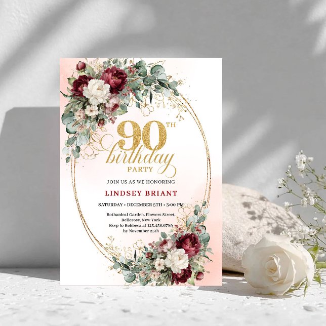 Convites Sofisticadas Peônias Marsala Dourado 90º Aniversár (Sophisticated Marsala Peonies Gold 90th Birthday Invite)